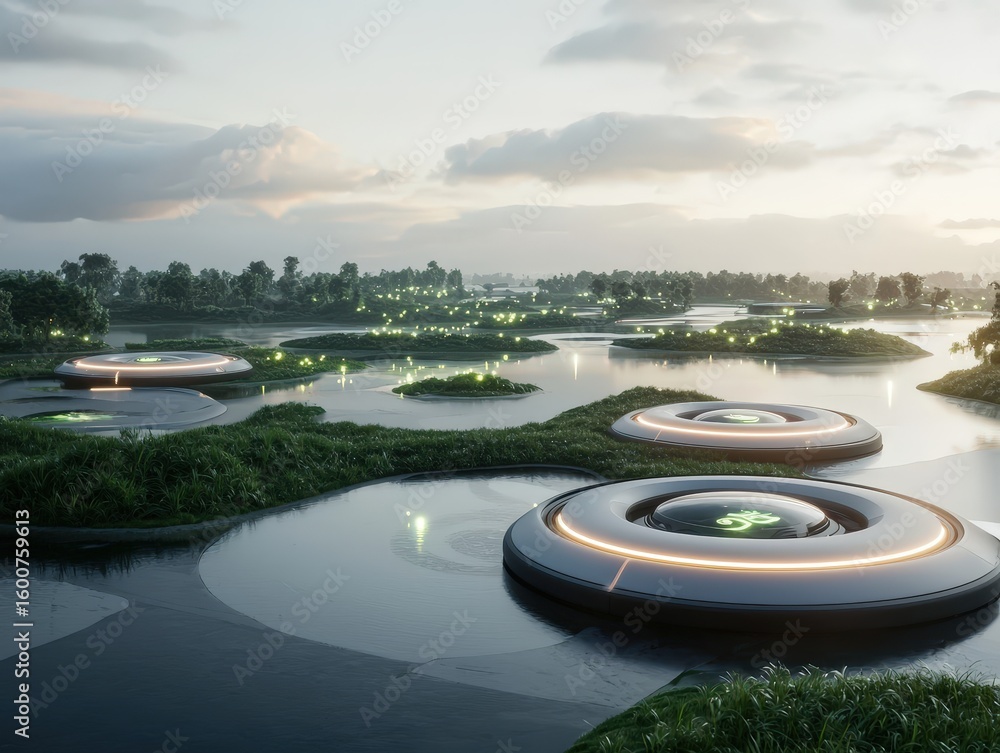 Aufkleber futuristic floating circular platforms with illuminated designs float on a serene water body surroun