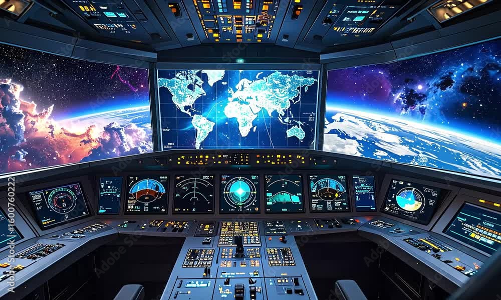 Poster futuristic cockpit view with global mapping displays