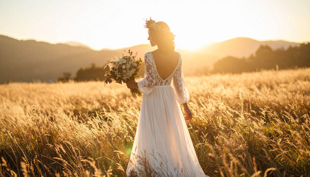Young bride with flowers in field, sunset