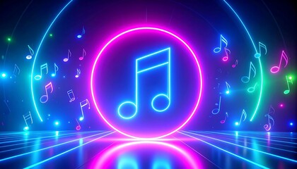 Neon music notes in a circular neon frame