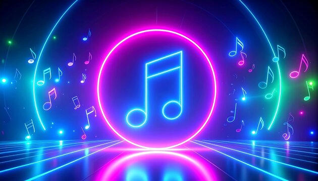 Neon music notes in a circular neon frame