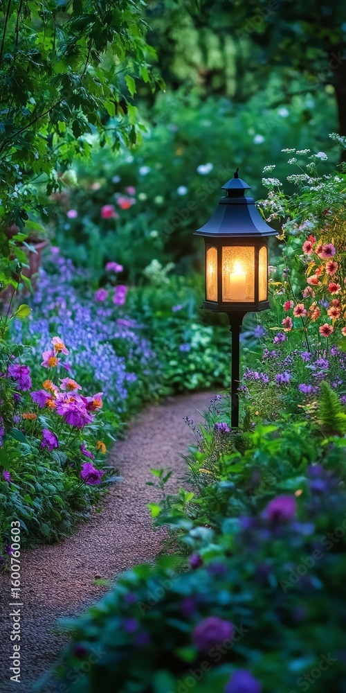 Aufkleber garden path is lit by a lantern. the lantern is black and has a light on it. the path is lined with 