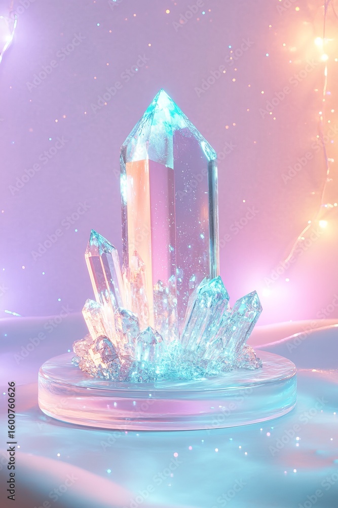 Poster a stunning display of a crystal cluster featuring a vibrant pastel background and soft lights, creat