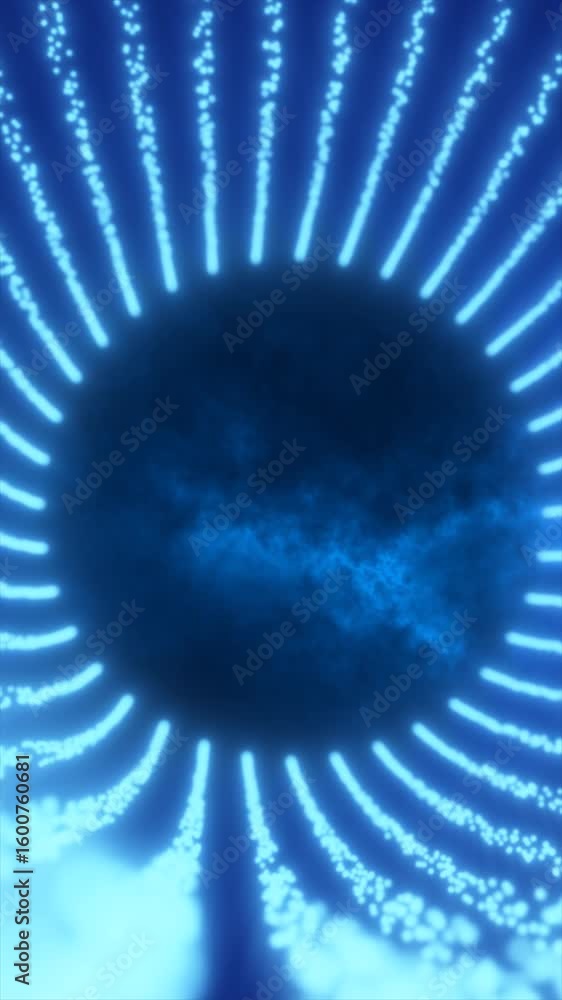 Poster blue energy field with radial glowing streams emanating from a dark circular core, resembling a data