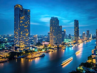 Obraz premium City skyline at twilight over a river
