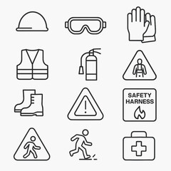 A comprehensive collection of essential personal protective equipment and hazard warning signs depicted as clean line icons for workplace safety.