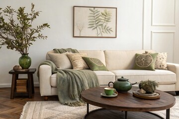 Cozy living room interior with beige sofa, green botanical decor, throw pillows and blanket, round wooden coffee table, and natural accents