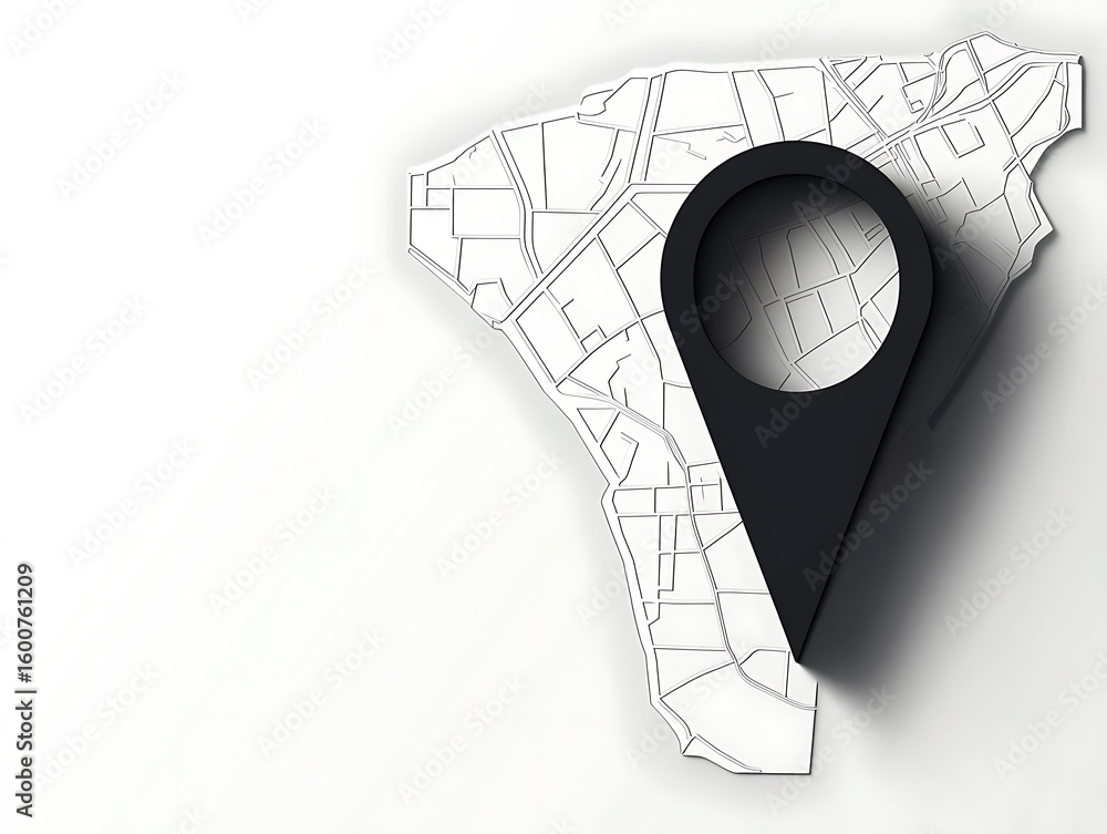 Aufkleber minimalist 3d vector map pointer in black and white, clean white background, sharp shadow