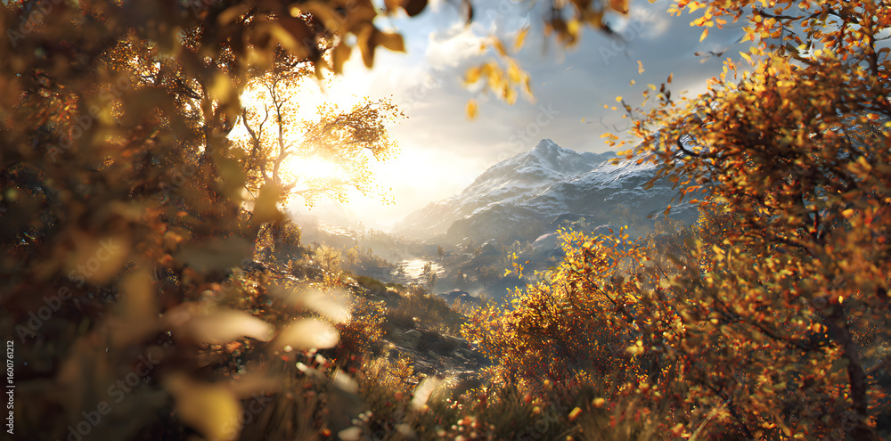 Poster golden hour scenery with fall colors illuminating mountain range surrounded by trees