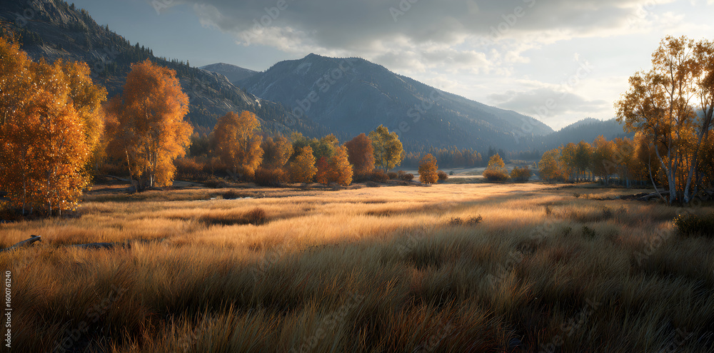 Poster Golden Hour Scenery with Fall Colors Over a Mountain Range and Open Field