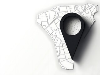 Minimalist 3D vector map pointer in black and white, clean white background, sharp shadow