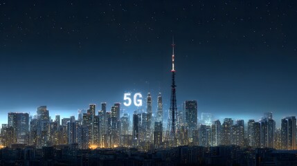 Obraz premium City skyline at night with 5g text overlayed modern architecture and lights.