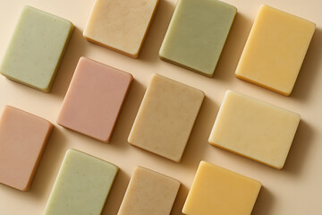 Natural Handmade Colorful Soap Bars Arranged on Beige Background