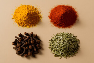 Colorful Spices Assortment – Turmeric, Paprika, Cloves, and Rosemary on Beige Background