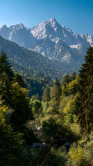 Obraz premium Lush Autumn Landscape with Snow-Capped Mountains under Clear Blue Sky in Vibrant Colorful Scenery