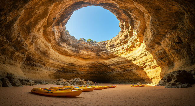 Benagil Cave Kayaks: Coastal Adventure in Portugal, with sea cave exploration, golden sand beach, and stunning natural light.
