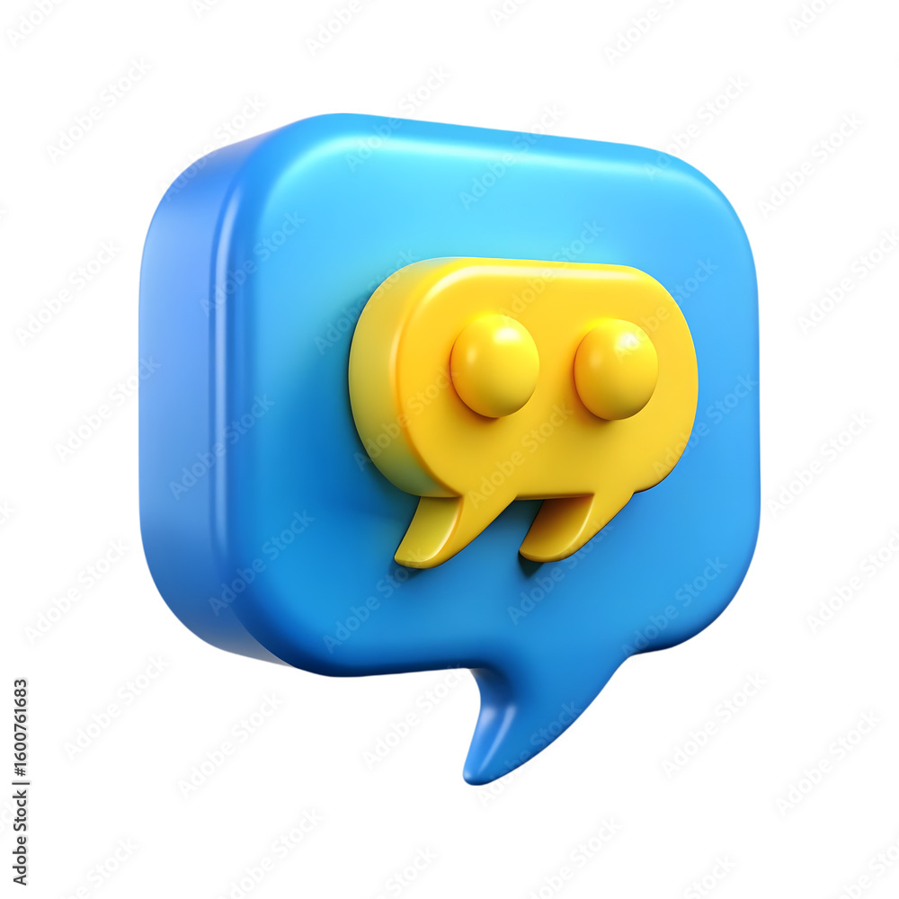 Poster 3d blue speech bubble with yellow quotation marks isolated on transparent background