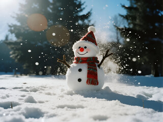 Fototapeta premium A joyful snowman, wearing a striped red and white hat and scarf, stands in a sun-drenched snowy field with snowflakes falling, embodying winter fun. 