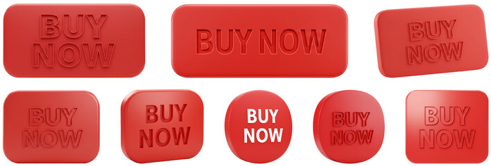 Red "Buy Now" buttons in various shapes and sizes on transparent background  