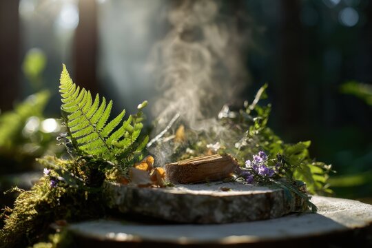 Sunlit woodland offering with ferns, moss, flowers, and steaming wood on a wood slice podium. Serene.