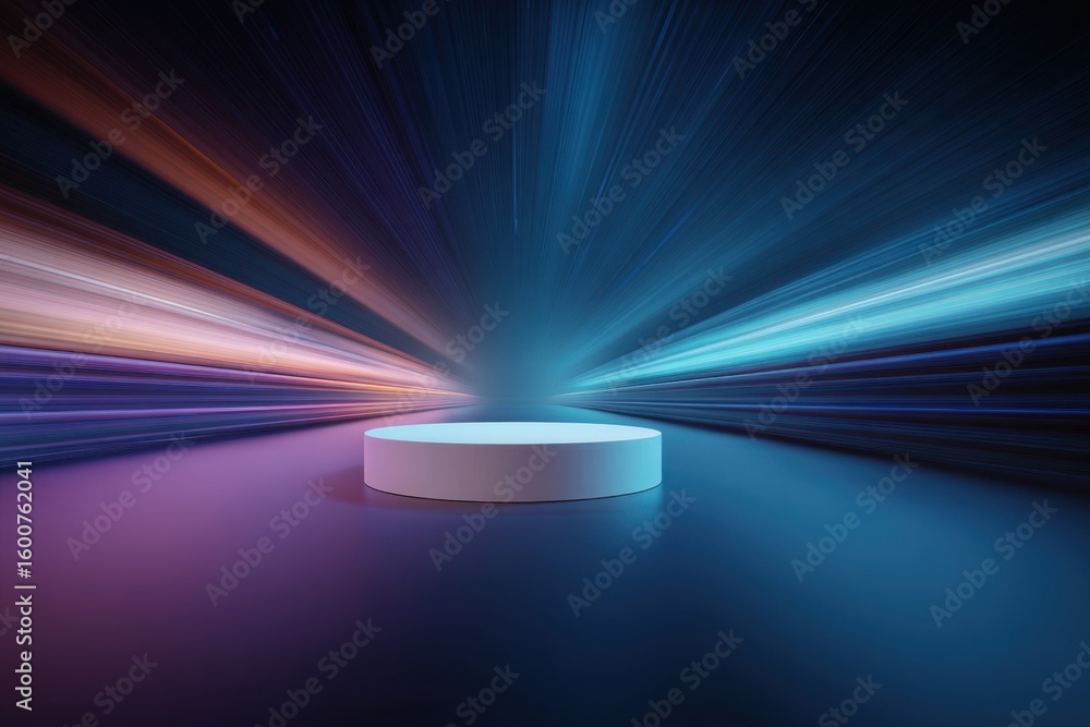 Poster futuristic stage with vibrant light trails converging on a minimalistic display platform; perfect fo