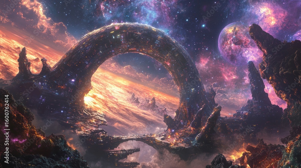 Poster colorful space scene with a large archway and a planet in the background