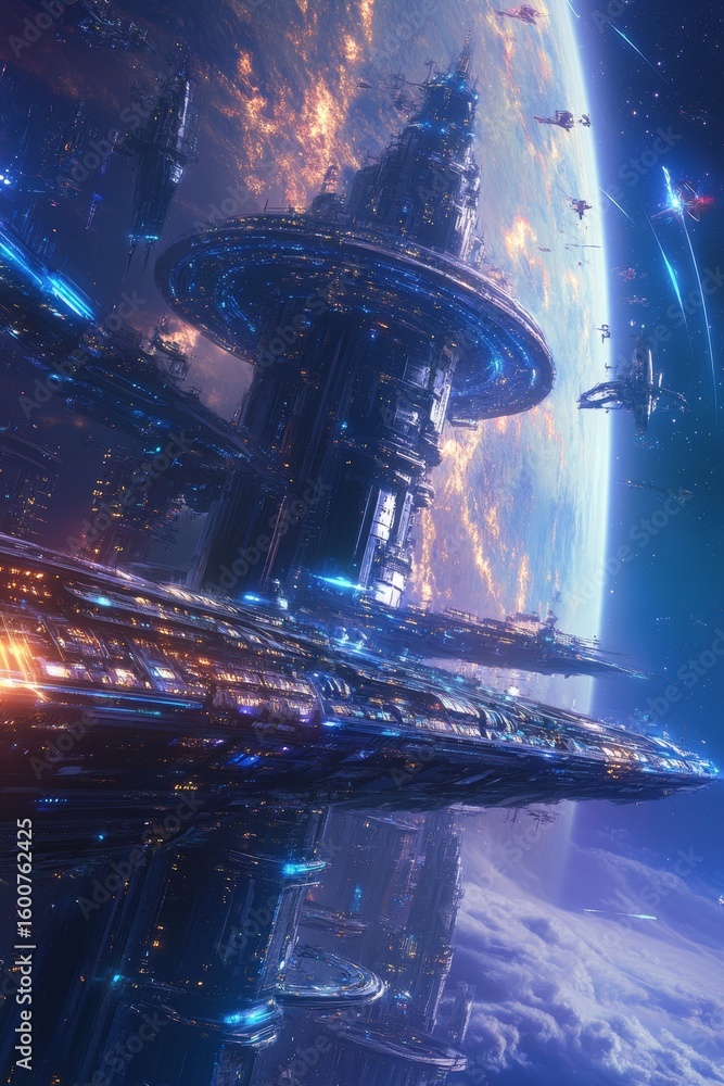 Poster space station with a large tower in the middle of it. the tower is surrounded by many other building