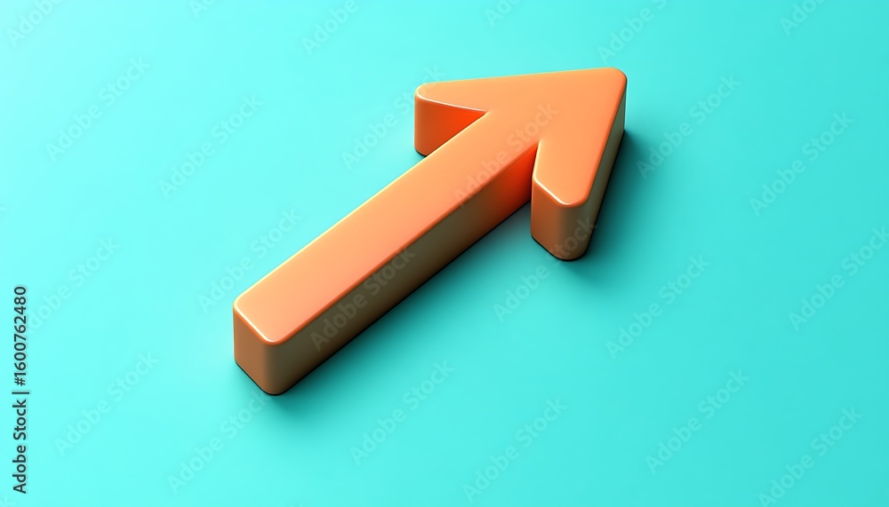 Poster simple 3d vector navigation arrow icon, matte orange on a contrasting teal background