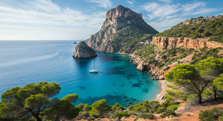 Fototapeta premium Serene seascape in Cala Benirr?s, Ibiza, Spain with turquoise water, cliffs, and a sailboat.