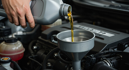Adding fresh golden motor oil using a funnel during a car maintenance operation