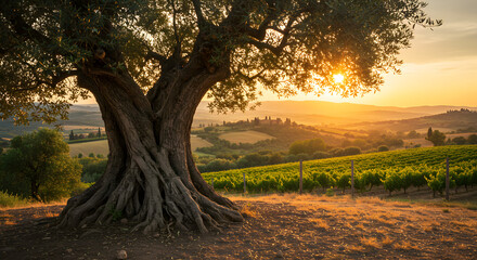 Fototapeta premium Golden Hour Tuscan Landscape with Olive Tree and Vineyard high quality