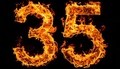 Number 35 made of fire flame on black background. Hot orange blaze. 3D rendering.