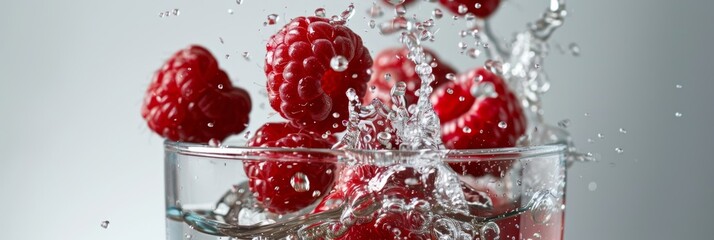 A sful of vibrant red raspberries being dropped into a glass of cacao water.