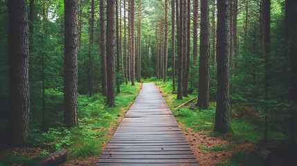 Obraz premium View of a tranquil forest filled with tall pine trees and a wooden plank path 