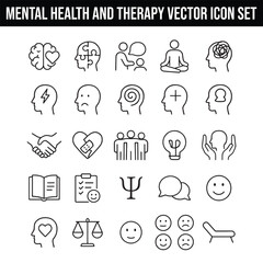 Mental Health and Therapy Vector Icon Set with Adjustable Line Weight Featuring Brain, Speech Bubble, Puzzle, Conversation, Meditation, Lotus, Support, Call, Empathy, 24/7, Cloud Thinking, and Checkle