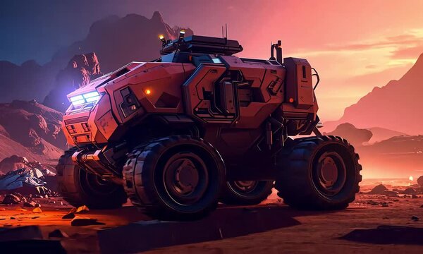 Futuristic red vehicle against cityscape background