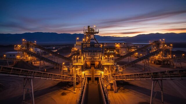 Illuminated industrial landscape, extractive industry at nightfall, mountains backdrop, complex