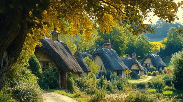 A row of charming thatched-roof cottages nestles in lush countryside beneath autumn foliage