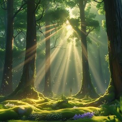 A cinematic enchanted forest clearing at golden hour, sunbeams piercing through tall