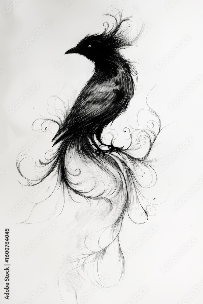Poster this elegant black bird illustration features flowing feathers and intricate swirls, showcasing a un