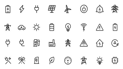 Renewable energy and electricity icon set with vector glyph pictograms of battery, lightning bolt, plug, solar panel, wind turbine, power, electrical safety black silhouette illustration © Vintage Studio