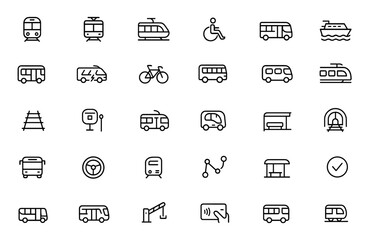 Public transport vehicle icon set | Vector thin linear illustrations of metro, tram, monorail, ferry, electric bus, bike, wheelchair pictograms, urban transit symbols, transport design
