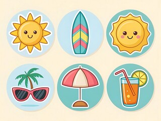Cute Summer Icons Set with Sun Surfboard Sunglasses Umbrella and Drink