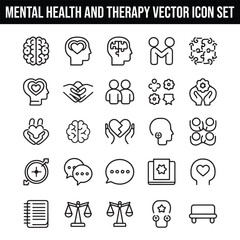 Mental Health and Therapy Vector Icon Set with Adjustable Line Weight Featuring Brain, Speech Bubble, Puzzle, Conversation, Meditation, Lotus, Support, Call, Empathy, 24/7, Cloud Thinking, and Checkle