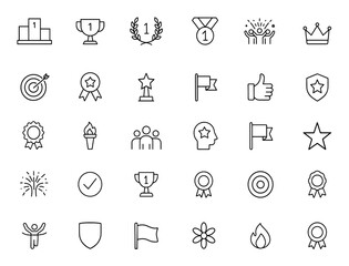 Achievement and victory icon set: thin linear vector pictograms of winner podium, trophy, laurel wreath, first place medal, celebration, crown, success, award, prize, honor, champion