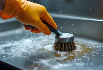 Gloved Hand Scrubbing: Cleaning with Brush and Soapy Water