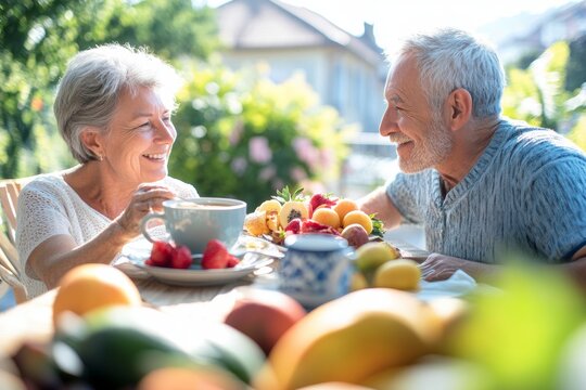 A retired couple shares joyful moments over breakfast on a sunny terrace. Fresh fruits and steaming coffee are spread across the table, enhancing their delightful experience together