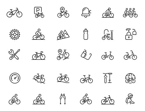 Mountain bike bicycle icon set with thin linear vector pictograms: parking, tracker, bell, light, downhill, group ride, cycling symbols, outdoor sport, activity, transportation - Powered by Adobe