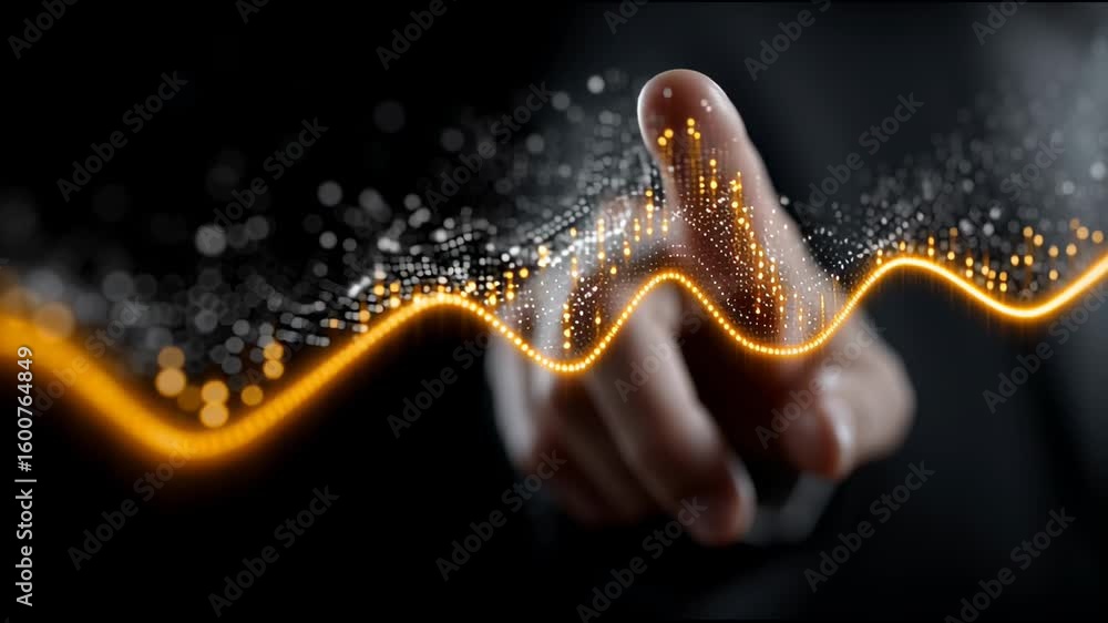 Poster hand pointing at glowing golden trend line with digital data points and futuristic analysis in dark 