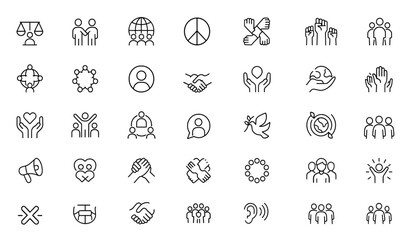 Vector line icon set of diversity and inclusion: thin linear pictograms of equality, unity, multicultural collaboration, interconnected hands, peace, raised fists illustration, community